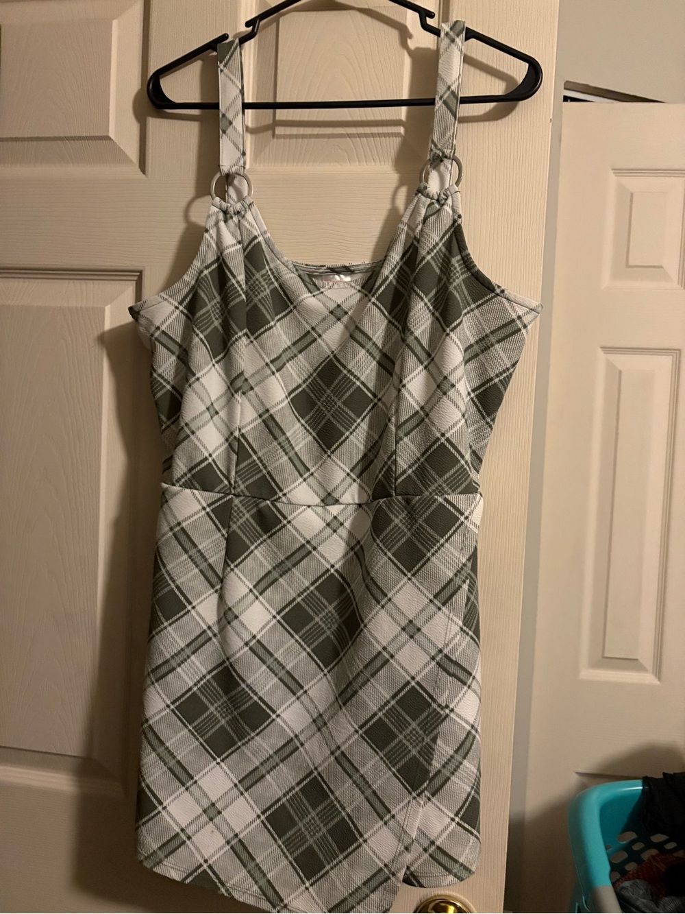 White and Olive Green Plaid romper dress with Ring-Strap Detail